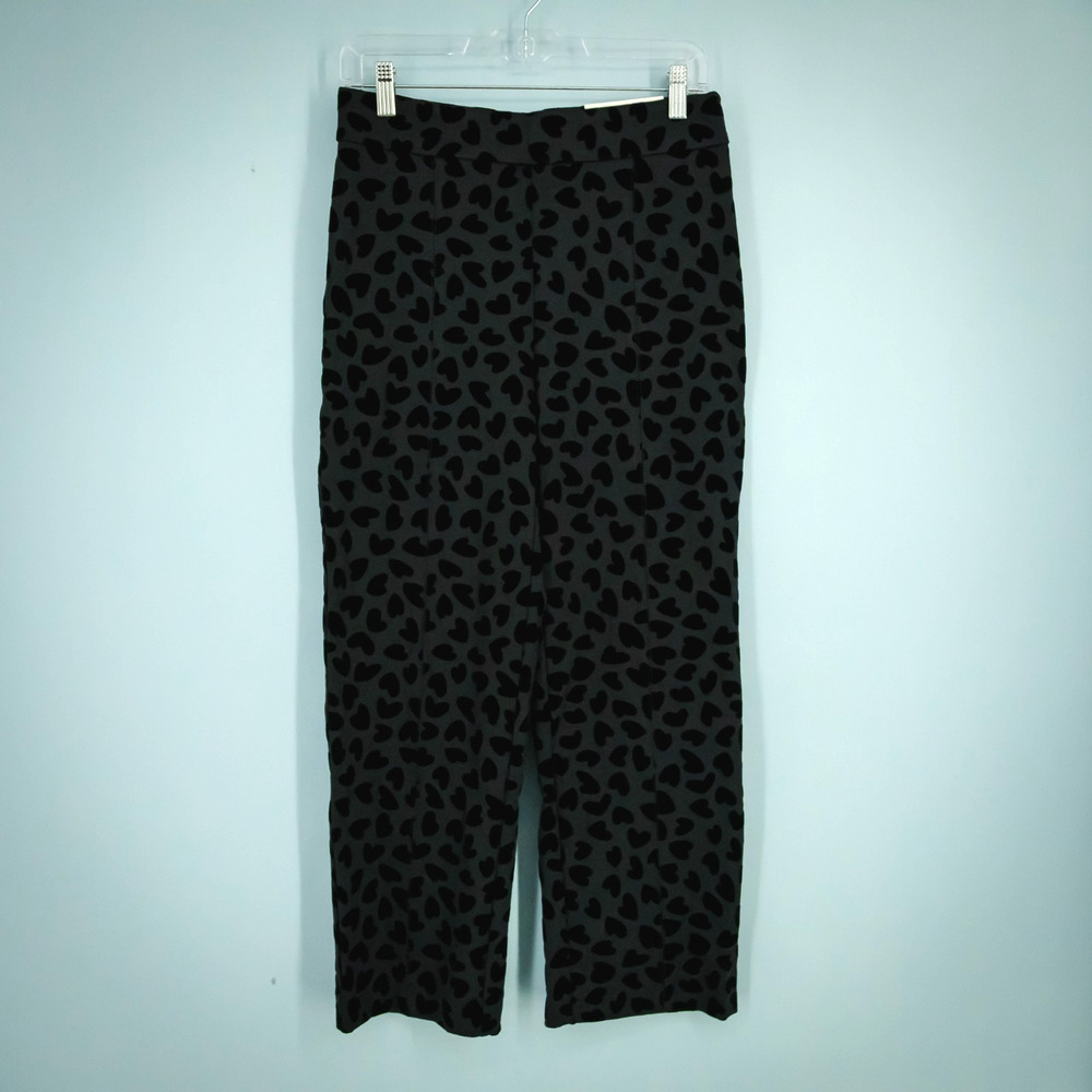 Ann Taylor Size 2 Black Flocked Heart Print Button Zip Crop Cropped Dress Pants